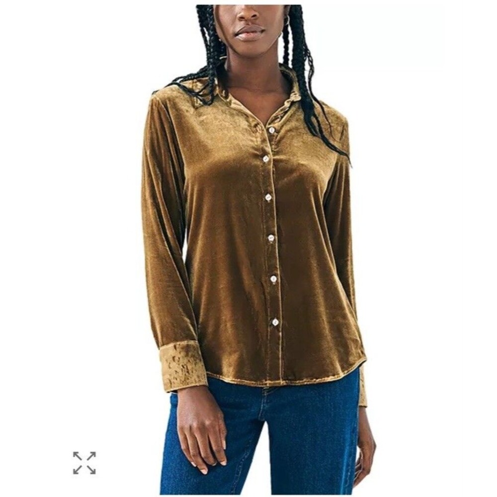 Faherty Stretch Silk Velvet Genevieve Button Up Shirt Tan Gold S